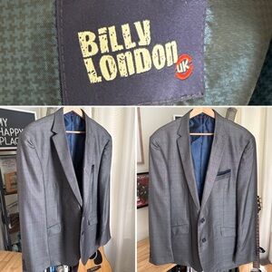 Billy London Men’s 46R Gray Blazer Polyester Blend 2 Button Sport Coat Pocket SQ